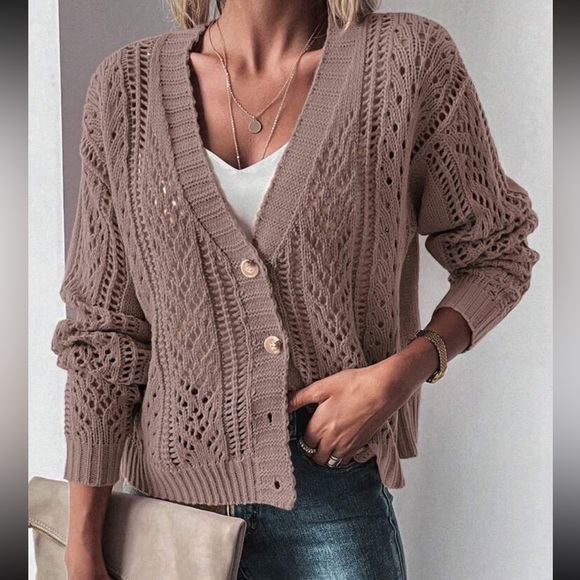Cozy Mauve V neck button down Oversized knit cardigan - Picture 4 of 12